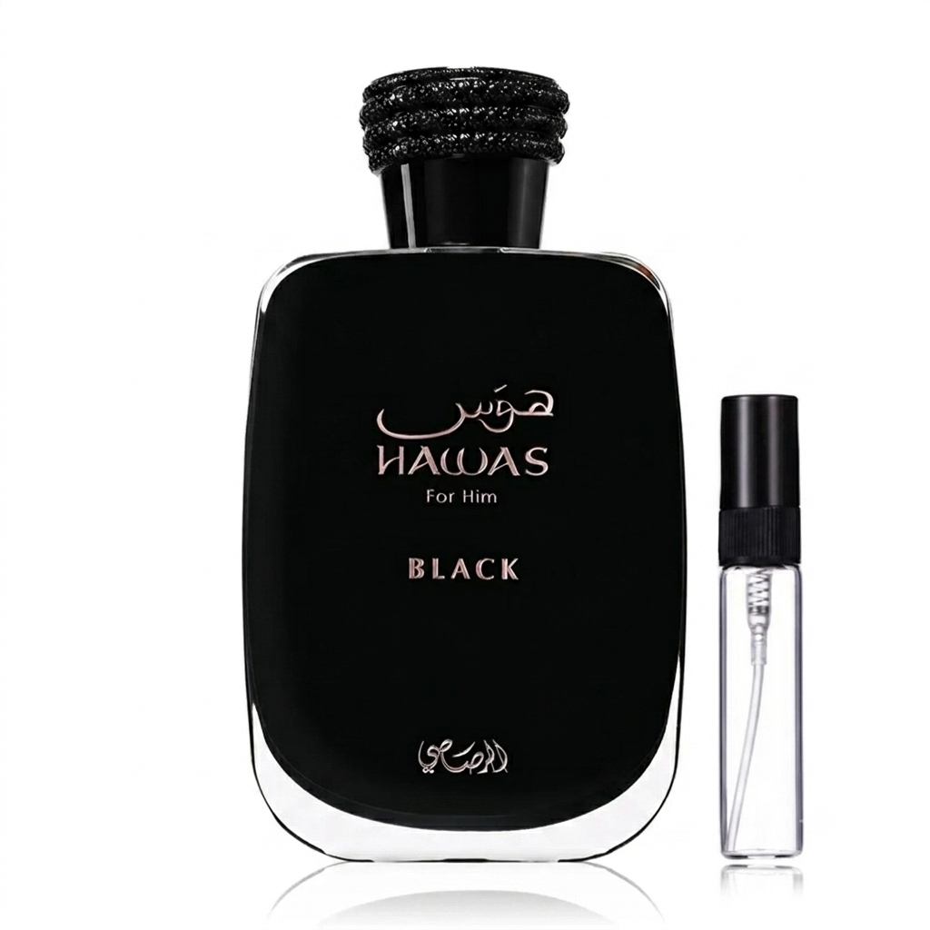 Buy Rasasi Hawas Black For Men Decants in Pakistan | 5ML–50ML | Solangs Perfume by Rasasi